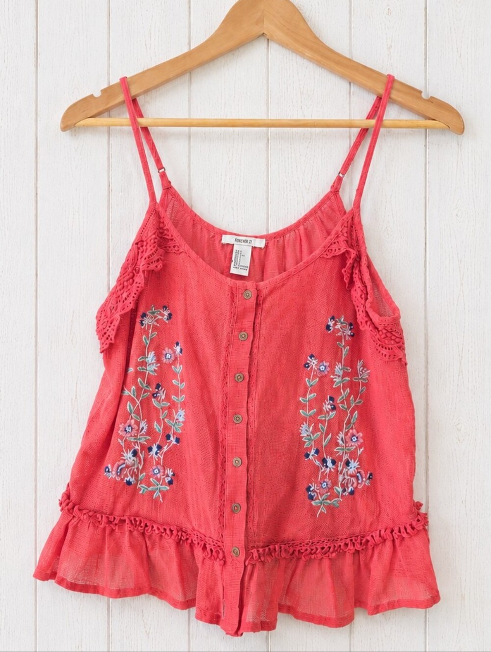 Forever 21 Coral Embroidered Cami Tank - Lightweight Summer Top Size L